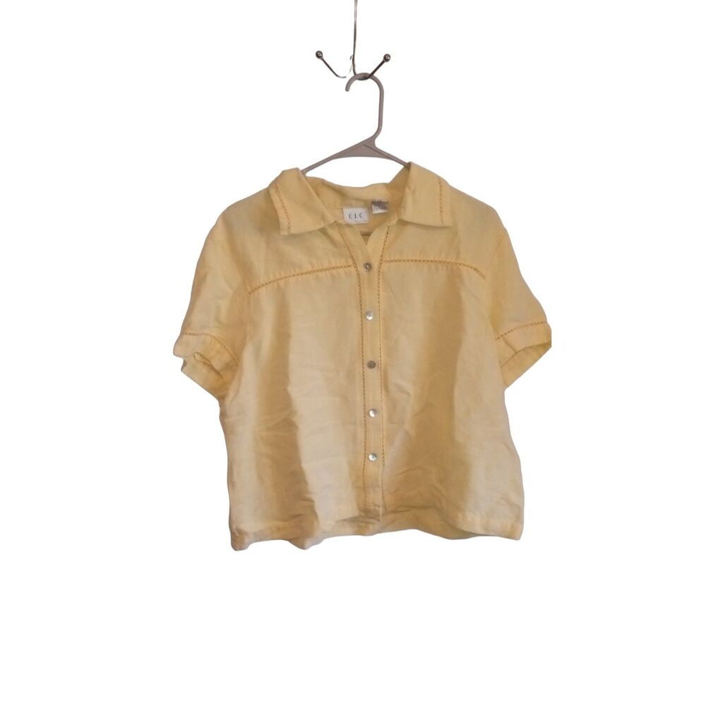 CLC Blouse Womens XL Yellow Linen Rayon Short Sleeve Crochet Trim Button Up Top